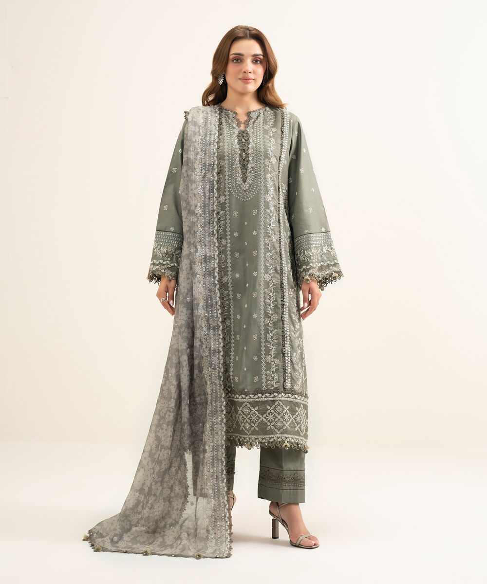 Women's Unstitched Fine Cotton Satin Embroidered Grey 3 Piece Suit