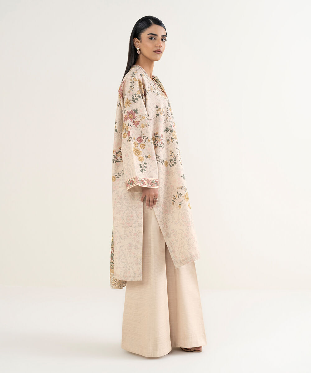 Women's Unstitched Printed Cotton Beige 3 Piece Suit