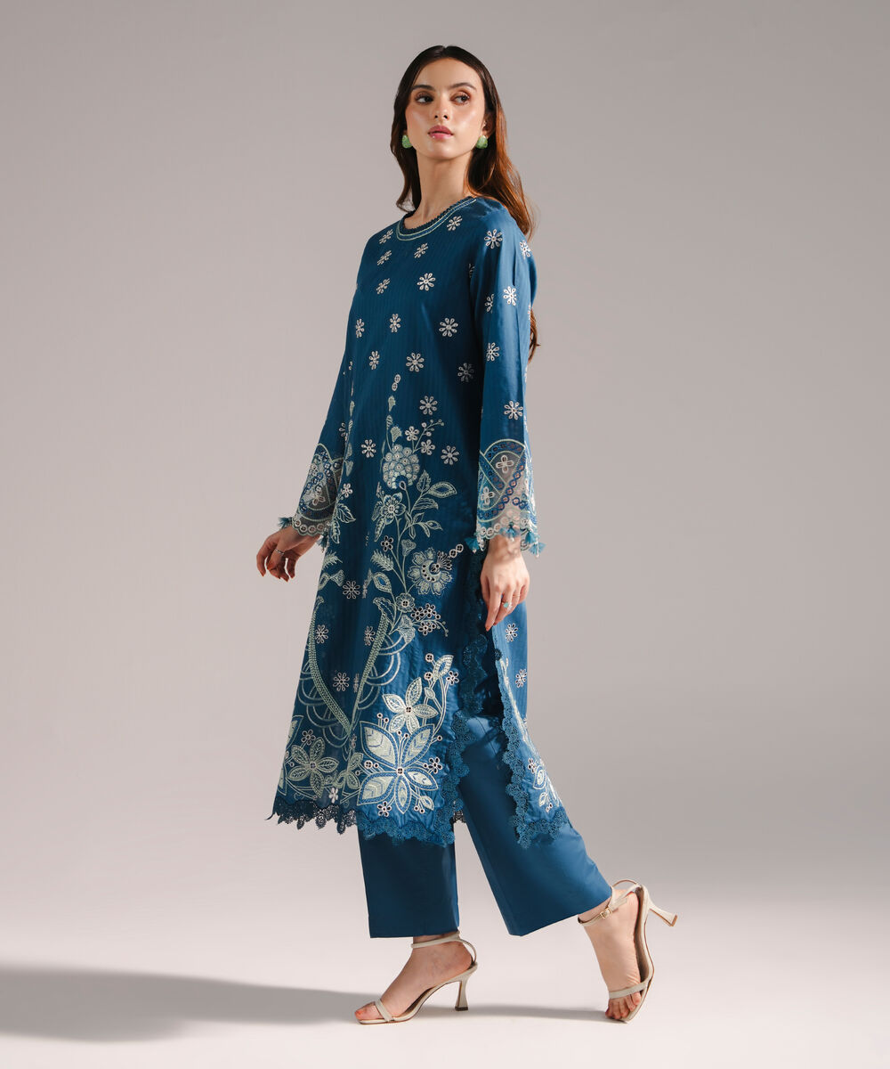 Women's RTW Textured Cotton Embroidered Teal 2 Piece Suit