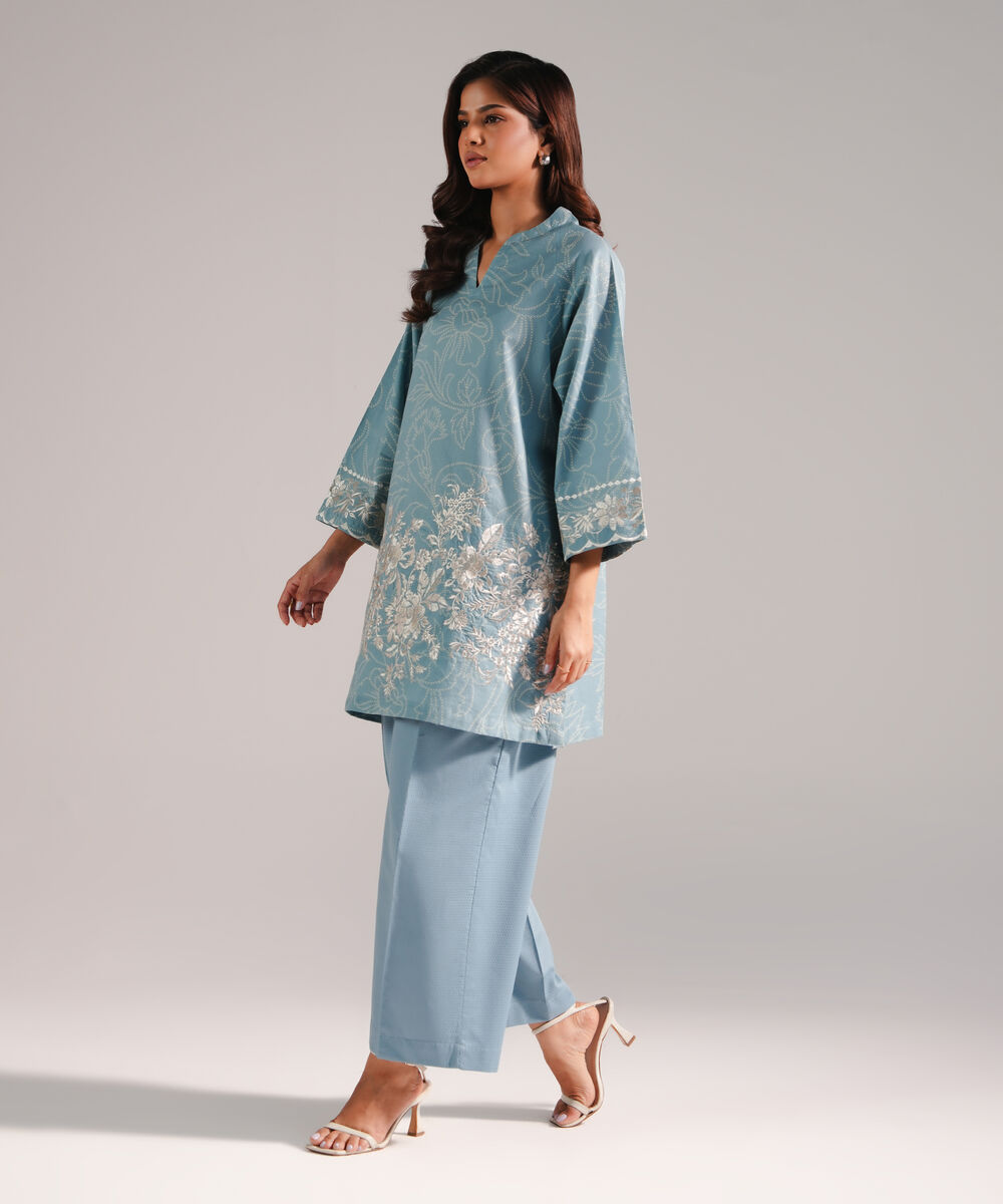 Women's RTW Dobby Embroidered Blue 2 Piece Suit