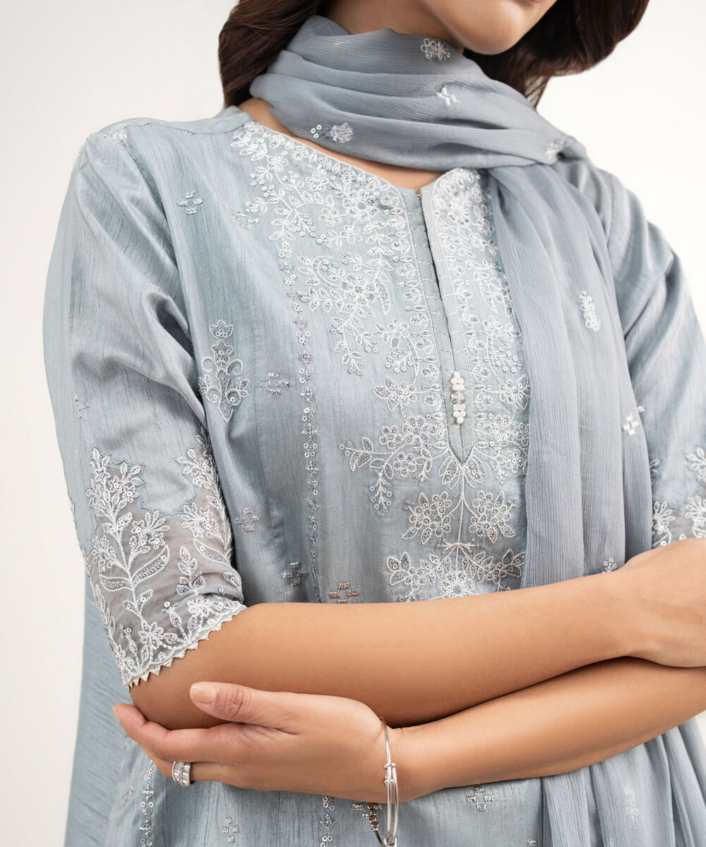 Women's Unstitched Raw Silk Embroidered Grey  3 Piece Suit