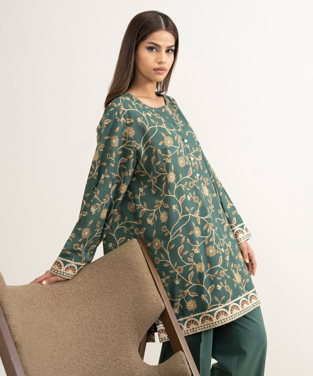 Women's RTW Cotton Viscose Embroidered Green Straight Shirt
