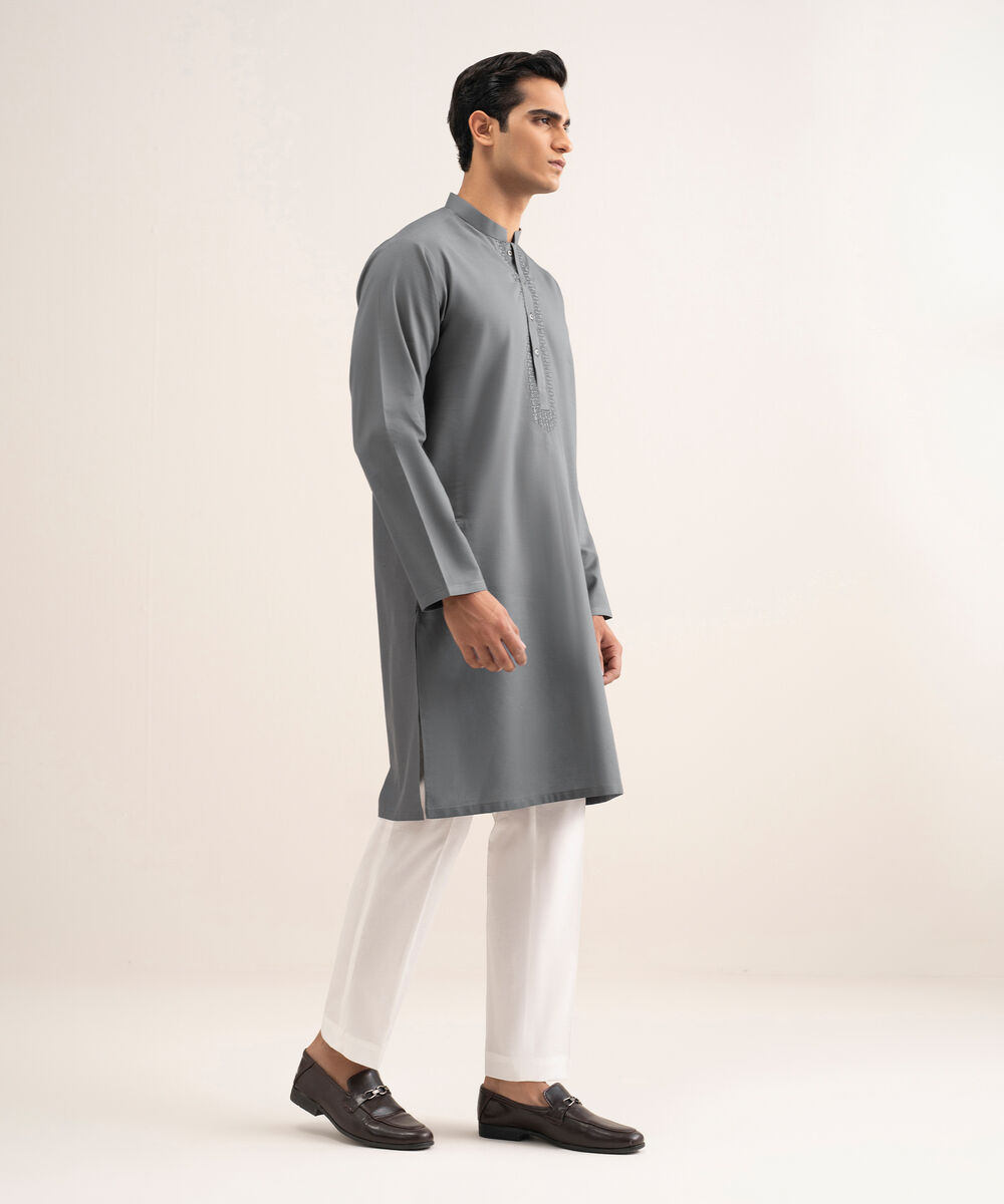 Men'S Stitched Metal Grey Cotton Jacquard Kurta