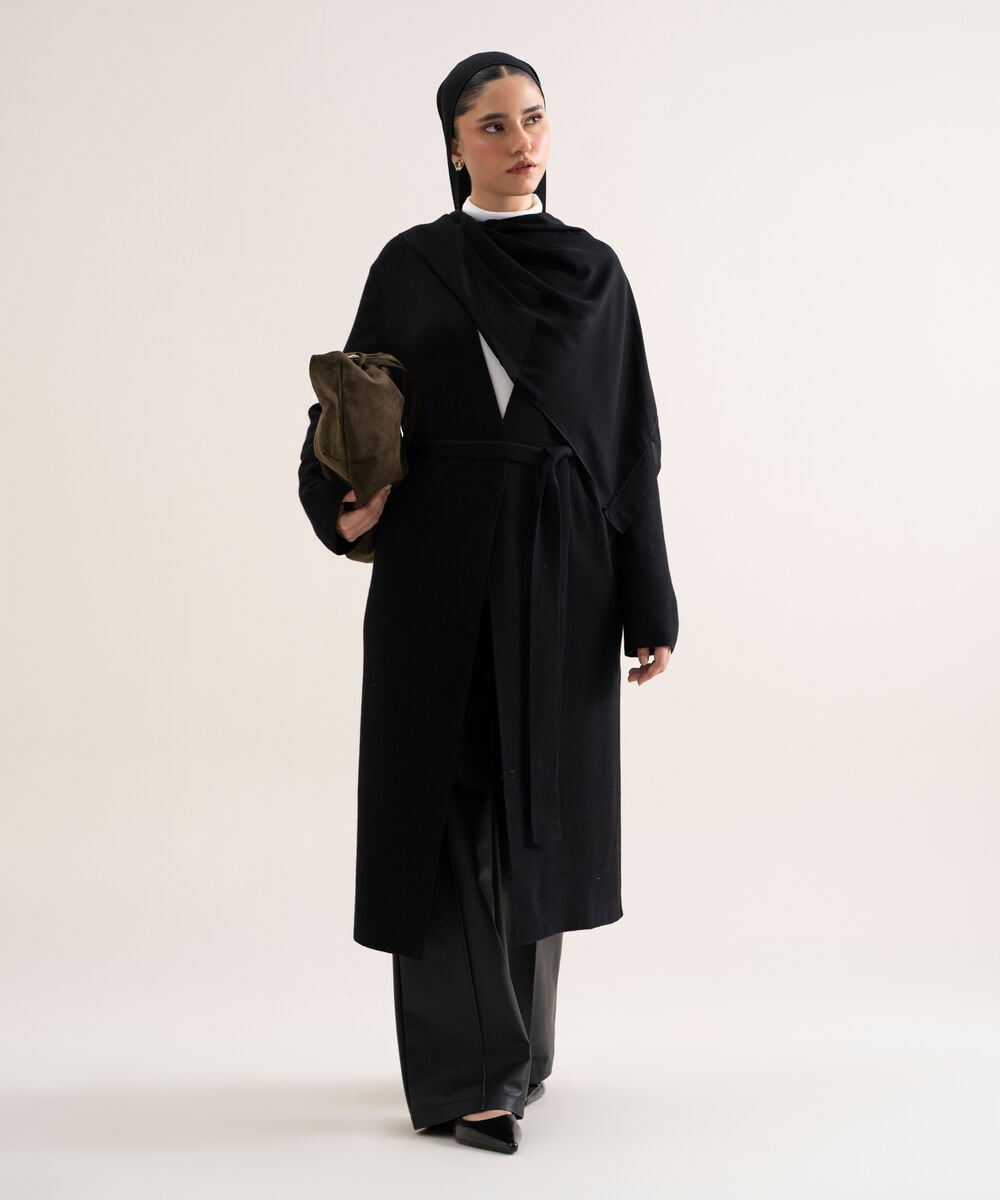 Women's Black Solid Sweater-Knit Abaya Set