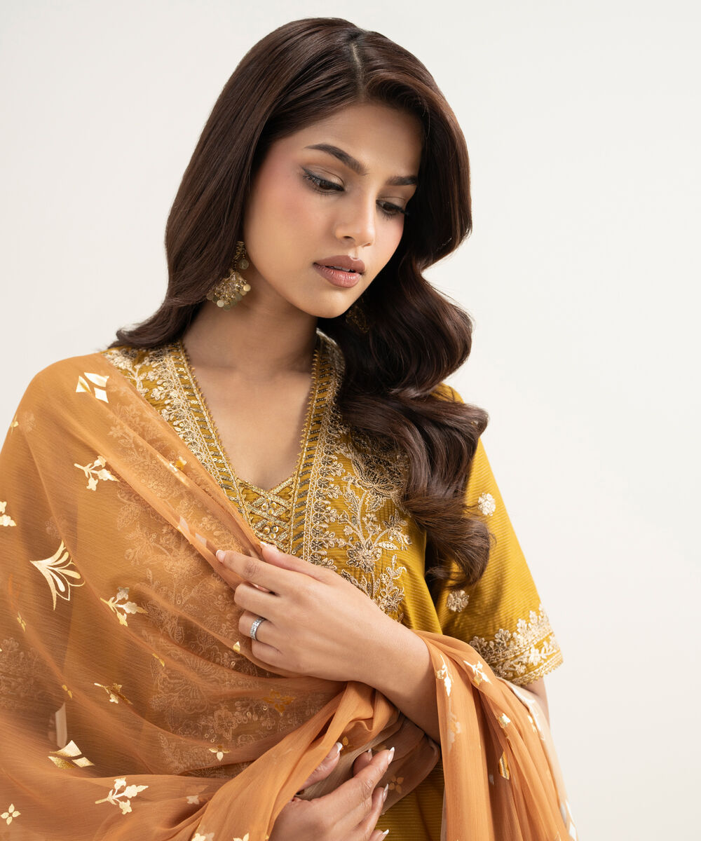 Women's Unstitched Zari Lawn Embroidered Yellow 3 Piece Suit