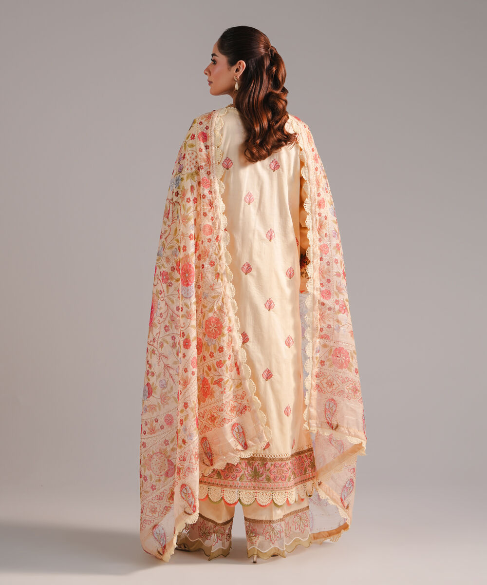 Women's RTW Self Jacquard Embroidered Yellow 3 Piece Suit