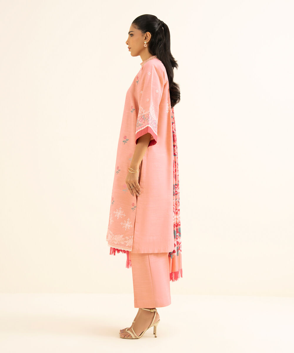 Women's Unstitched Twill Embroidered Pink 3 Piece Suit