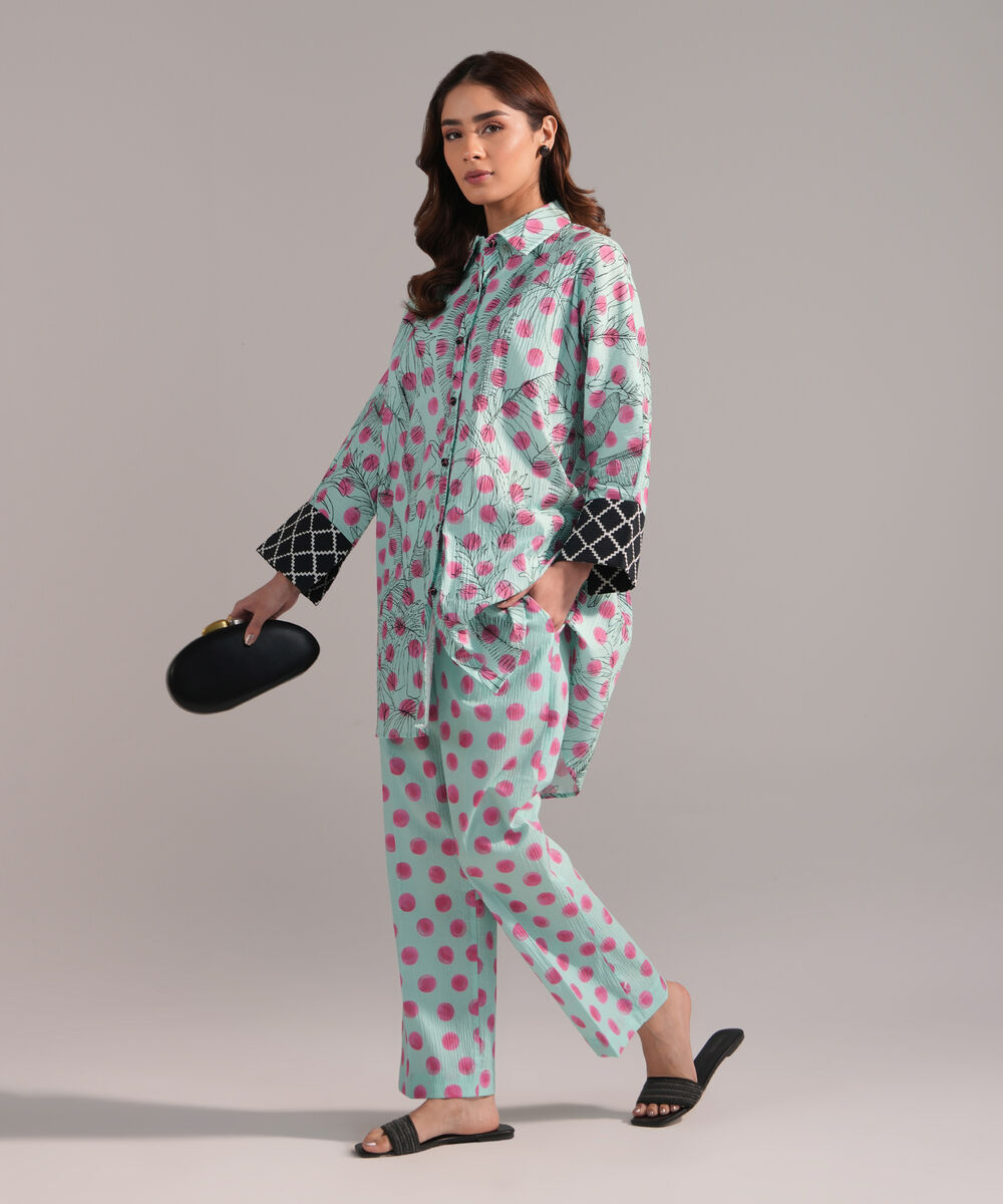 Women's RTW Seersucker Printed Turquoise Drop Shoulder Shirt