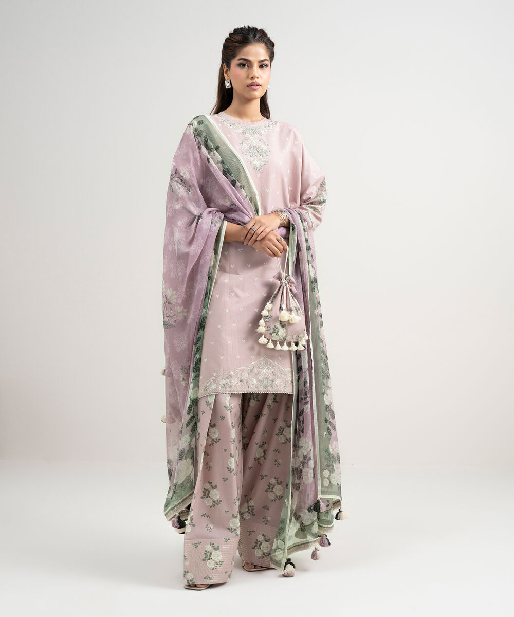 Women's Unstitched Textured Lawn Embroidered Pink  3 Piece Suit