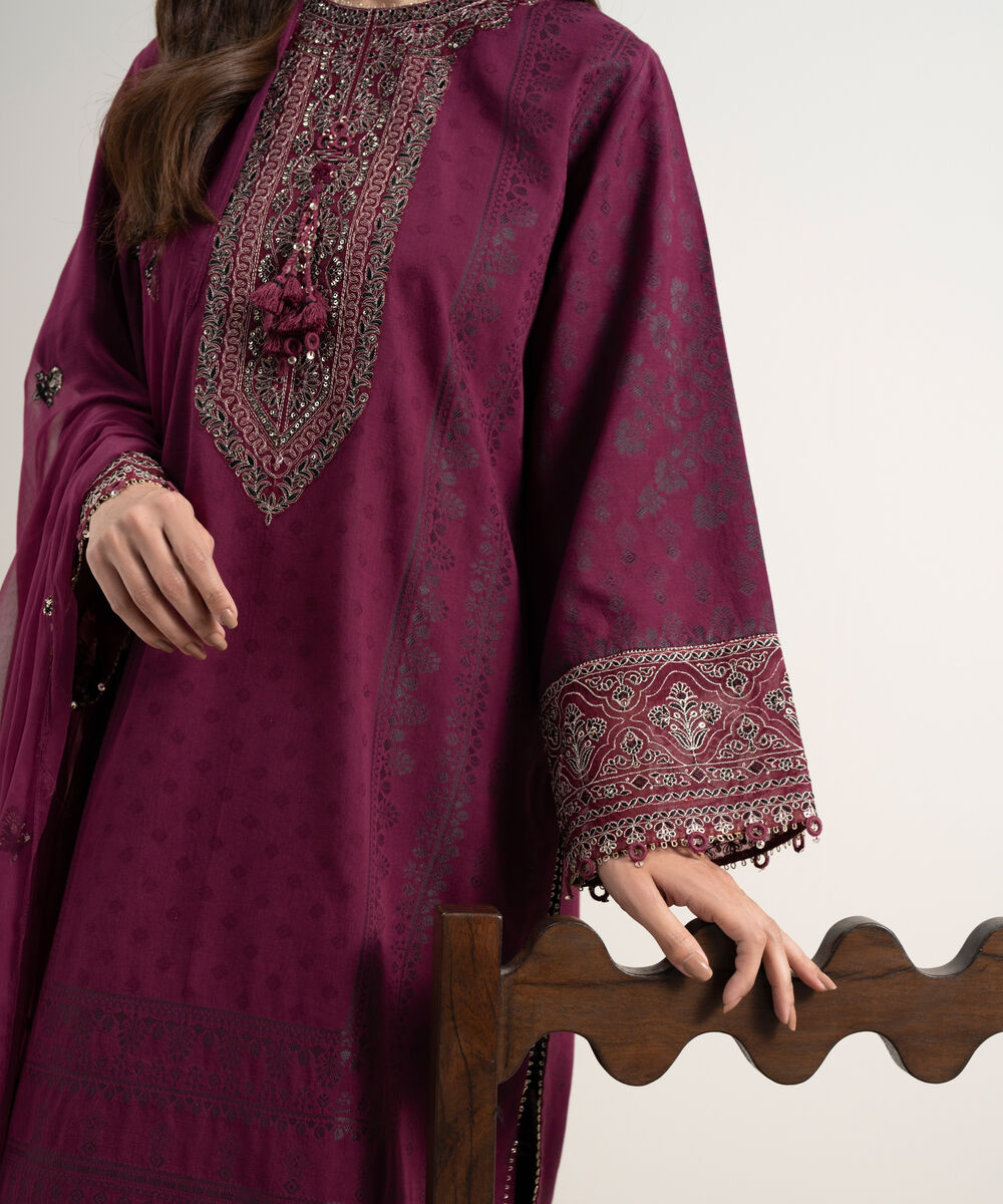 Women's Unstitched Extra Weft Jacquard Embroidered Pink 3 Piece Suit