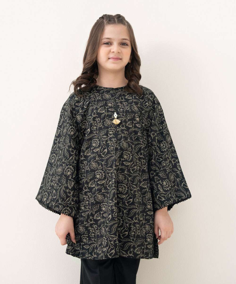 Girl's Cotton Viscose Printed Black 2 Piece Suit