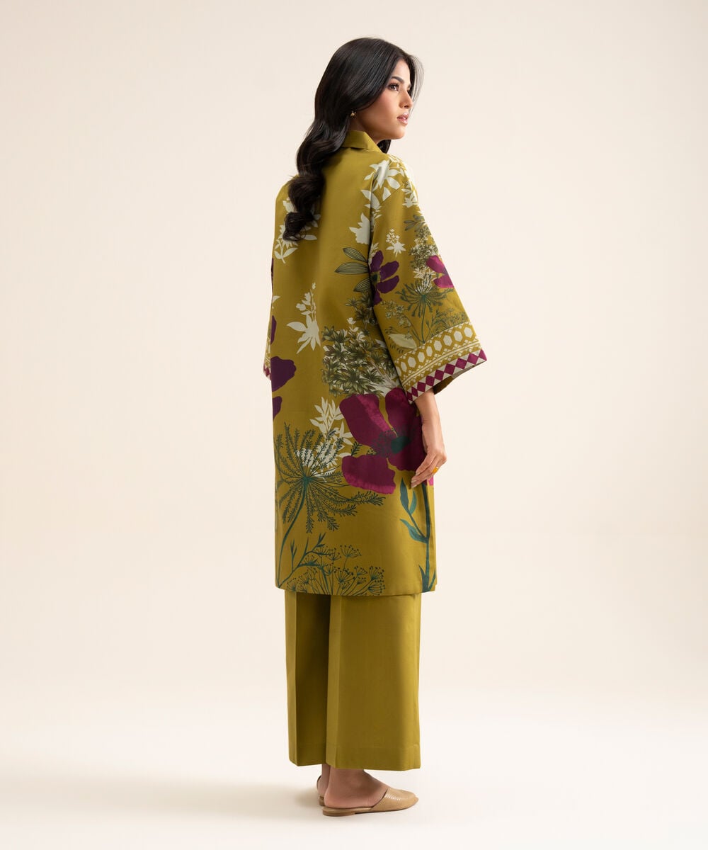 Women's Unstitched Cotton Printed Mustard 2 Piece Suit