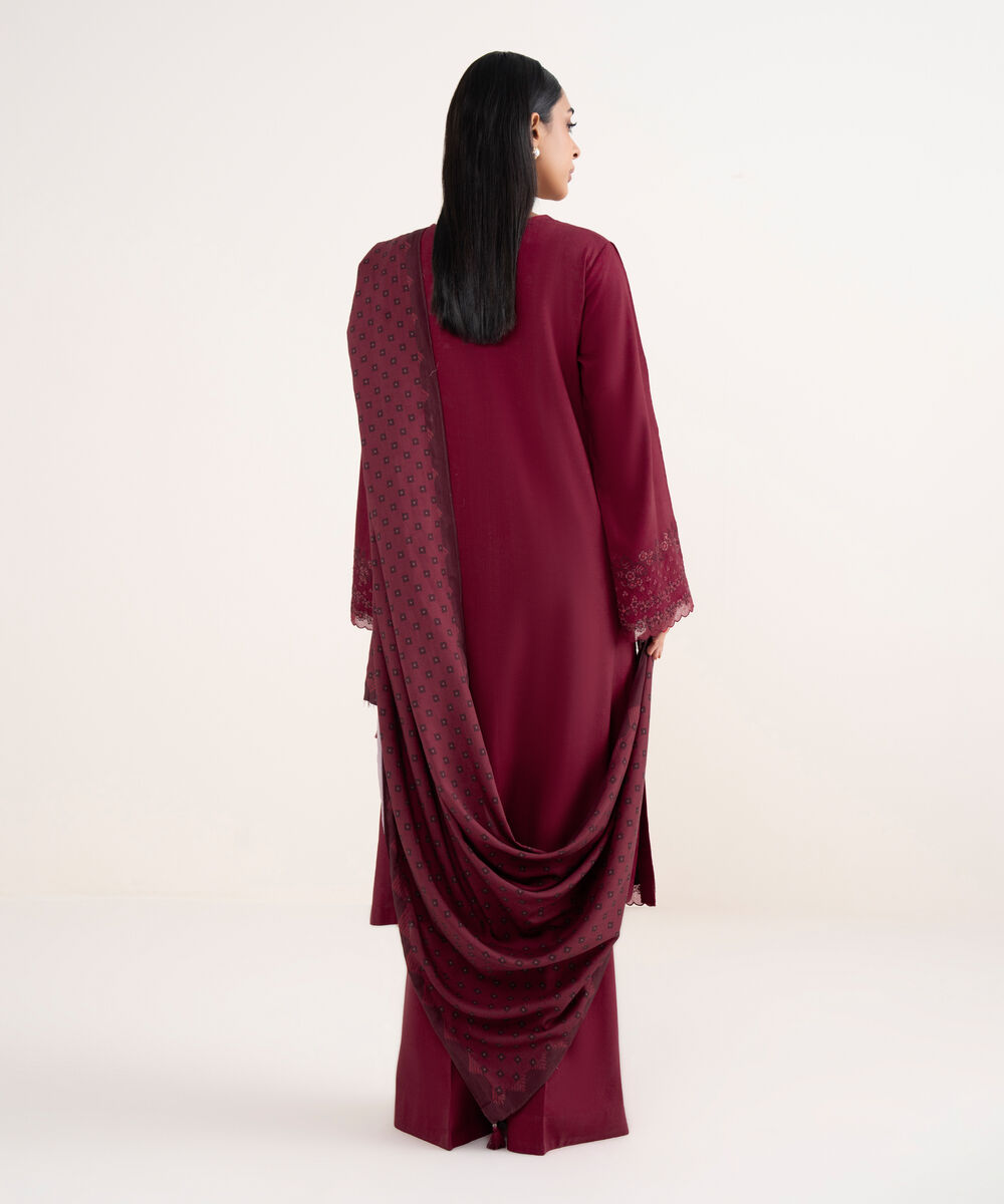 Women's Unstitched Linen Embroidered Red 3 Piece Suit