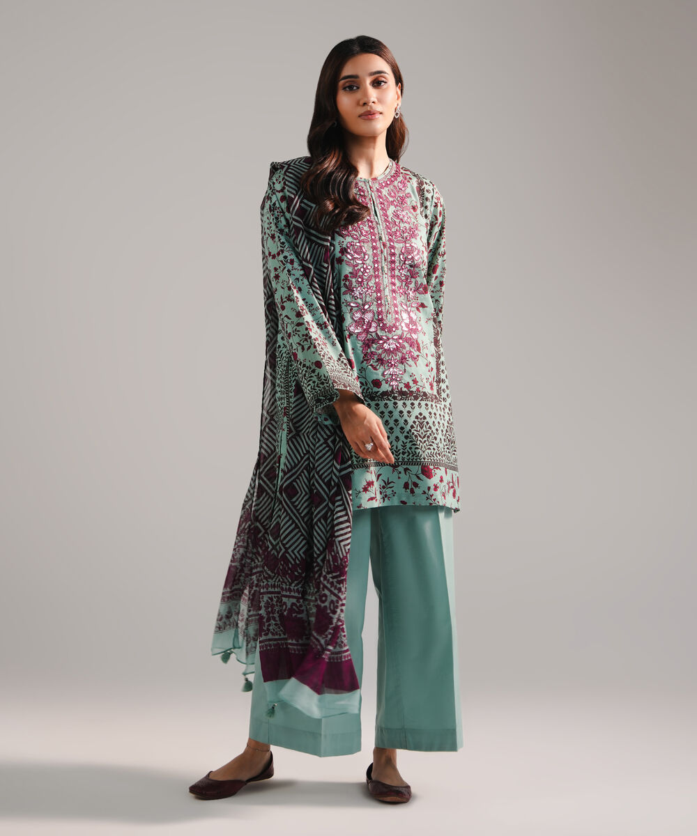 Women's RTW Cambric Embroidered Blue 3 Piece Suit