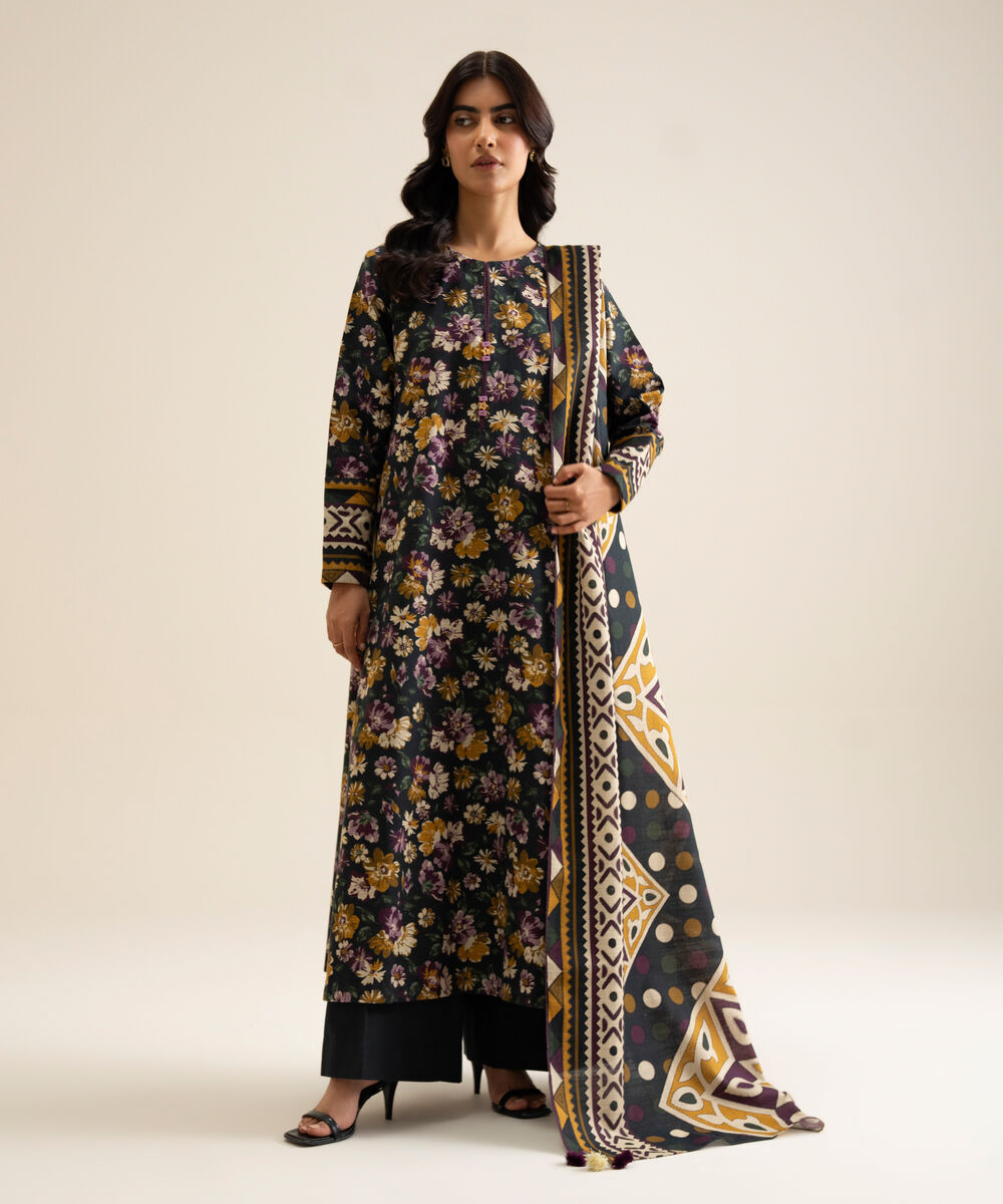 Women's Unstitched Premium Khaddar Printed Black 3 Piece Suit