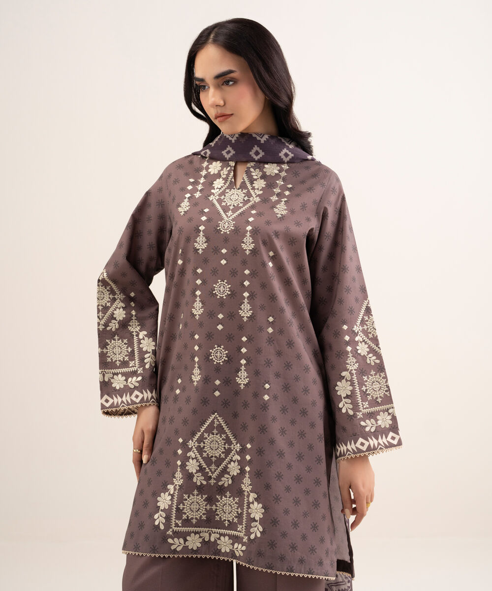Women's Unstitched Lawn Embroidered Brown 3 Piece Suit