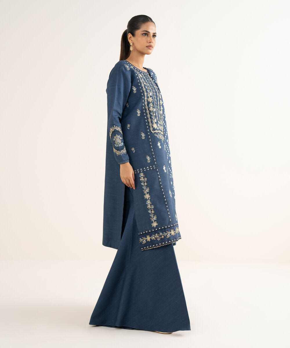 Women's Unstitched Light Khaddar Embroidered Blue 3 Piece Suit