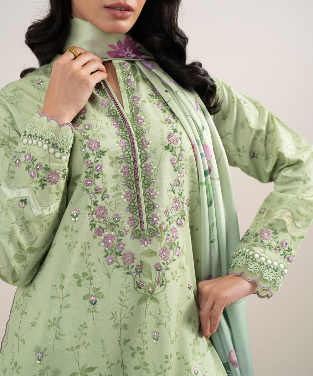 Women's Unstitched Lawn Embroidered Lime Green 3 Piece Suit