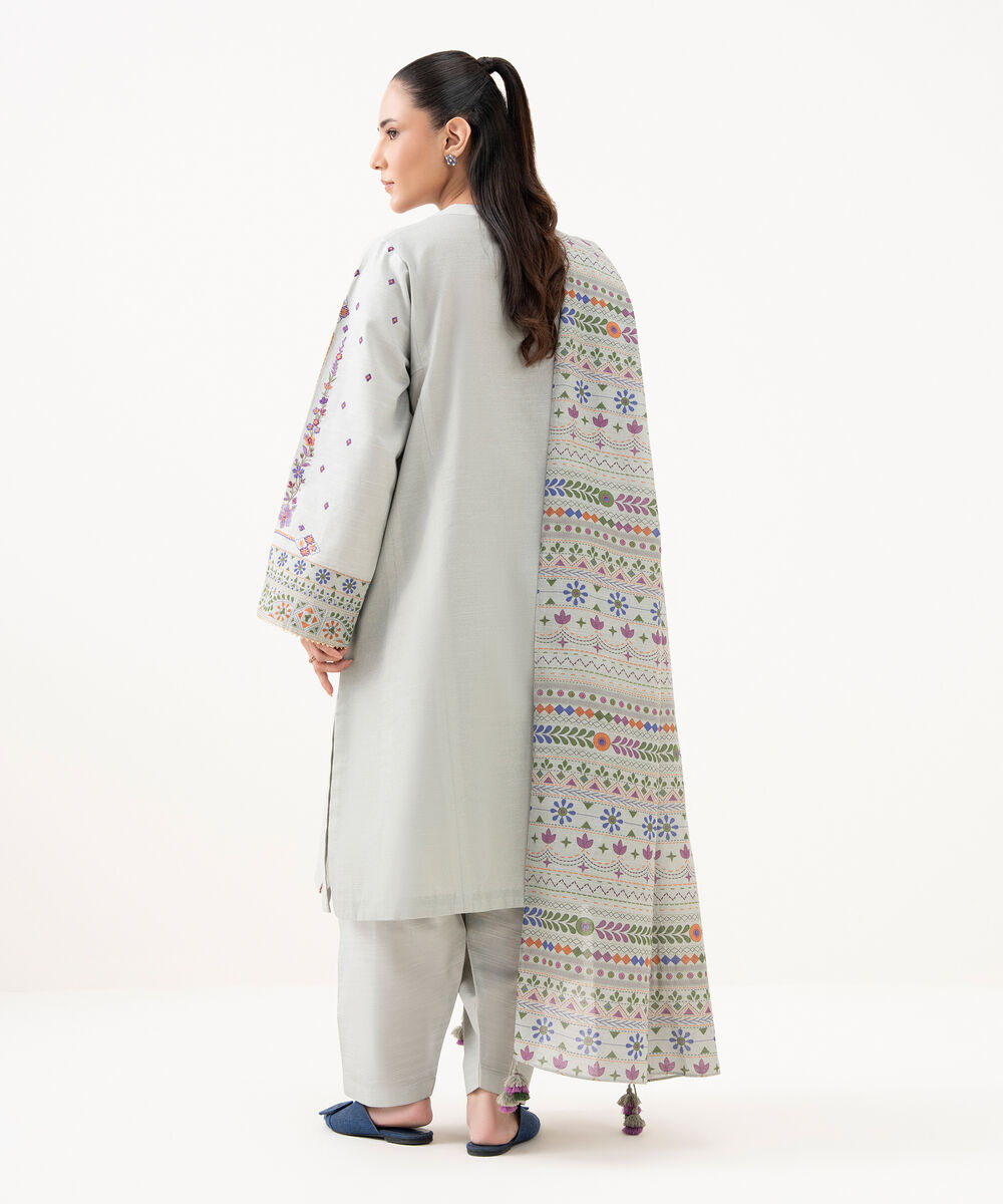 Women's Unstitched Light Khaddar Embroidered Grey 3 Piece Suit