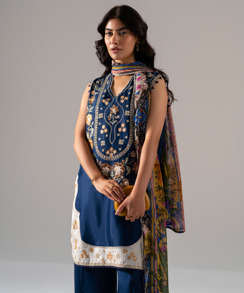 Women's RTW Solid Embroidered Blue Bright Raw Silk 3 Piece Suit