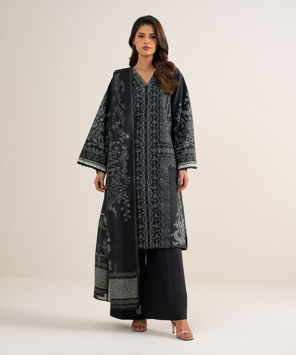 Women's Unstitched Lawn Printed Black 3 Piece Suit