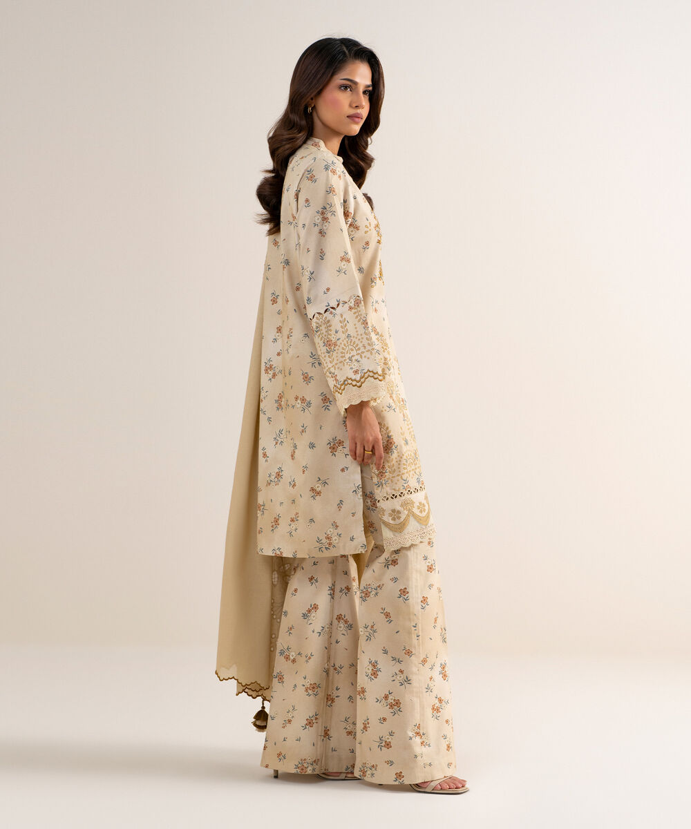 Women's Unstitched Fine Cotton Satin Embroidered Beige