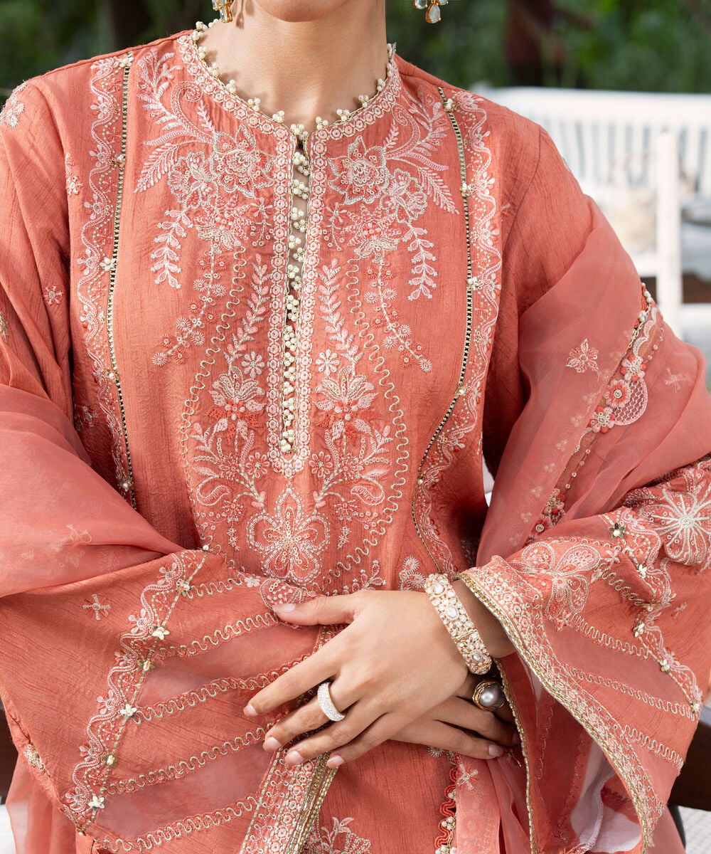 Womens Unstitched Viscose Raw Silk Embroidered Peach 3 Piece Suit