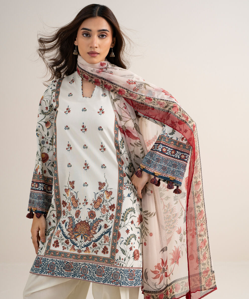 Women's Unstitched Lawn Printed Off White 3 Piece Suit