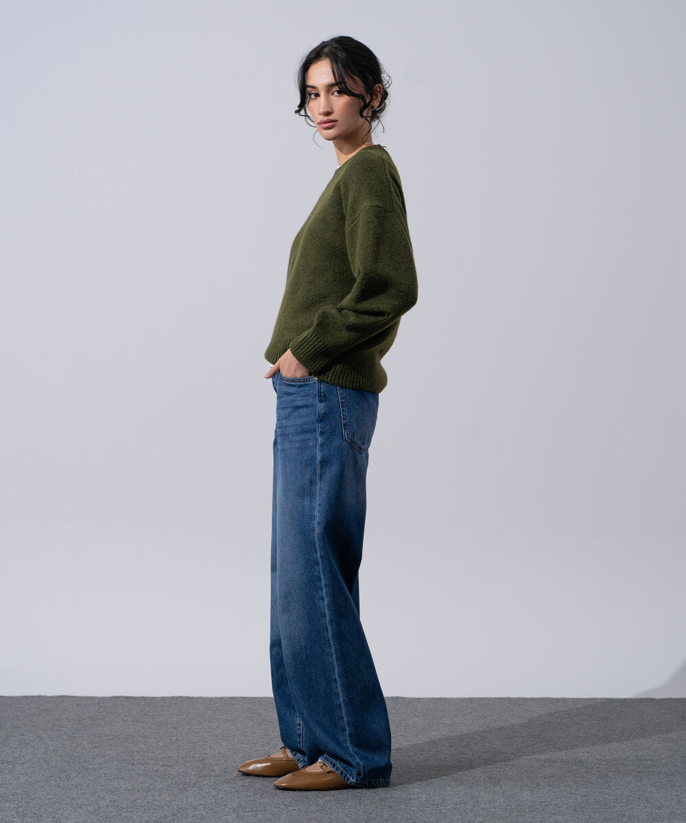 Women's Western Wear Green Round Neck Knit Sweater
