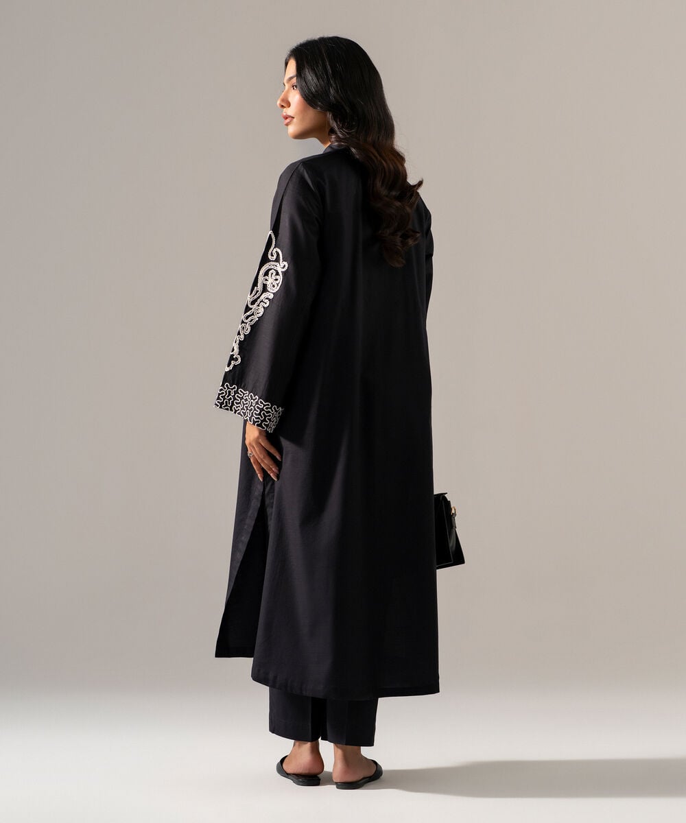 Women's RTW Cross Hatch Solid Embroidered Black Straight Shirt