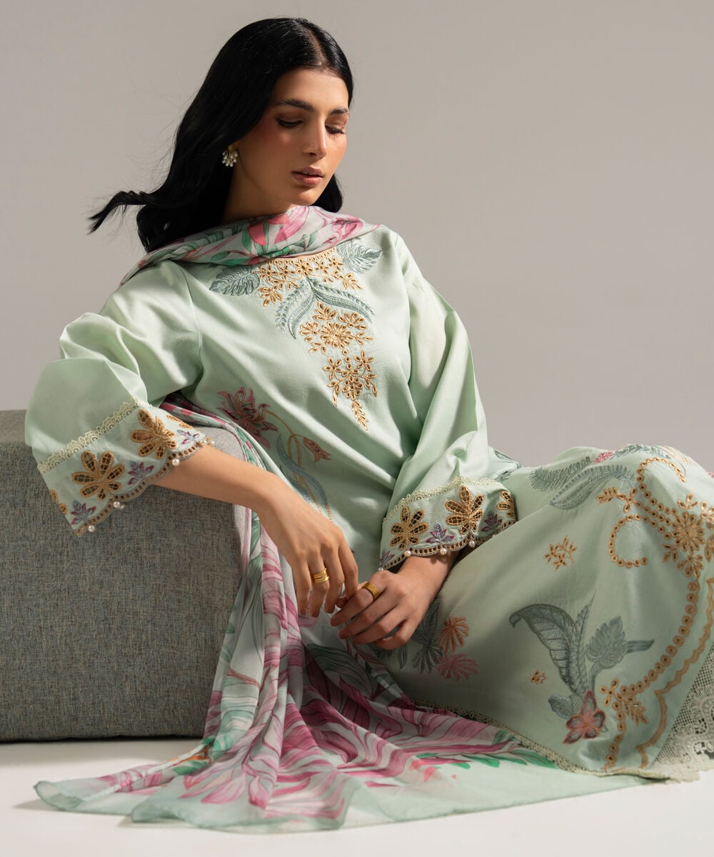Women's RTW Dobby Crepe Embroidered Green 3 Piece Suit