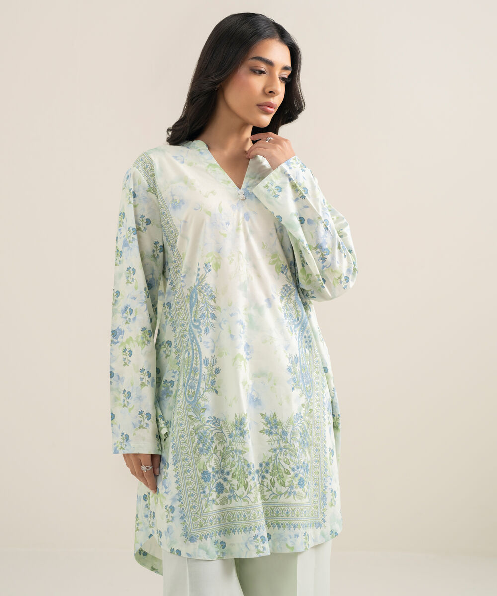 Women's RTW Cotton Viscose Printed Green Straight Shirt