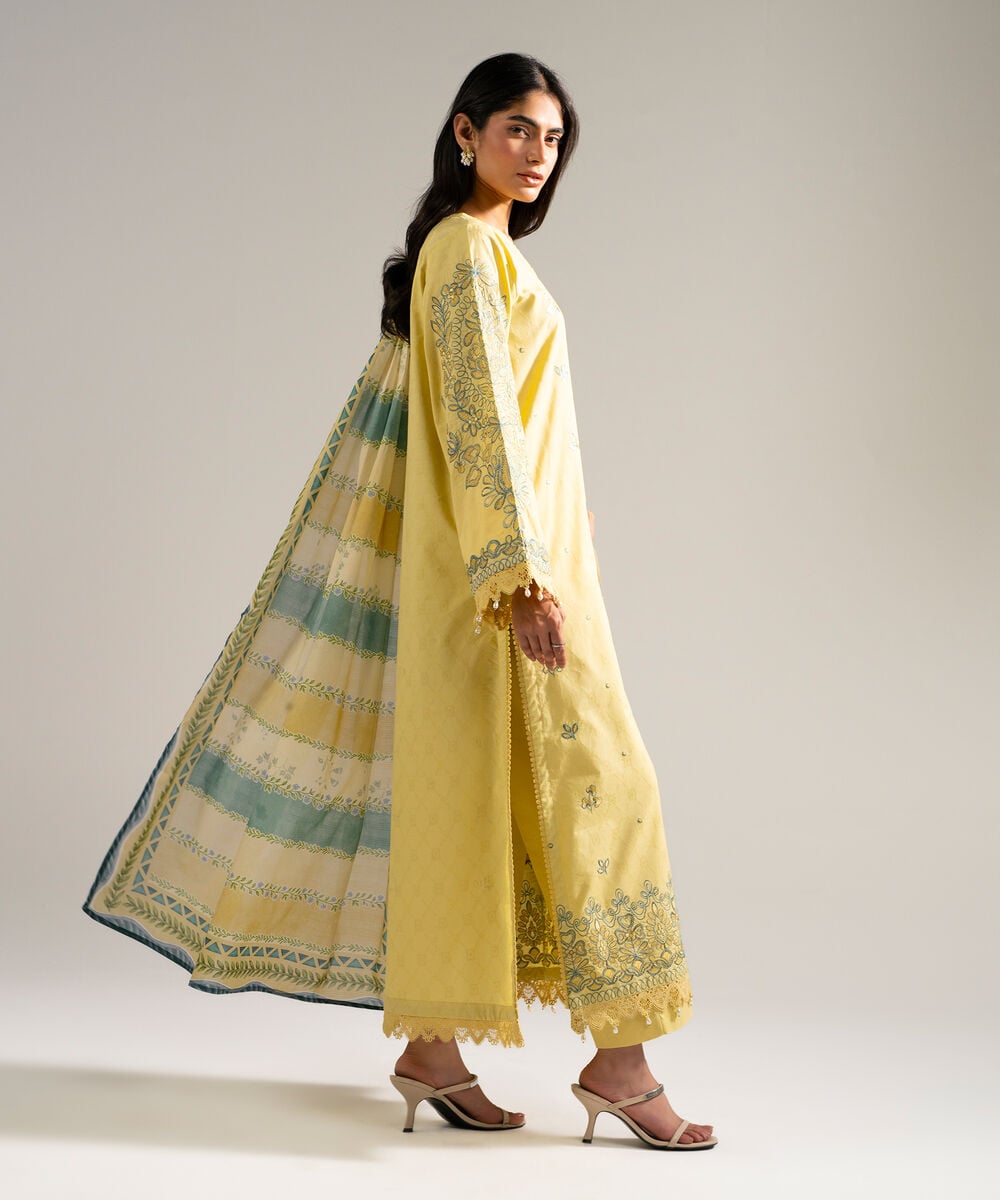 Women's RTW Self Jacquard Embroidered Yellow 3 Piece Suit