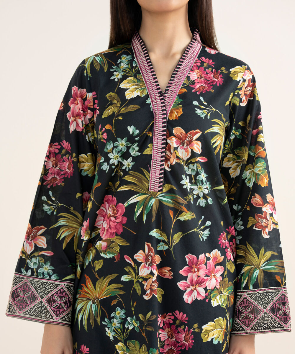 Women's RTW Textured Lawn Black Embroidered Straight Shirt