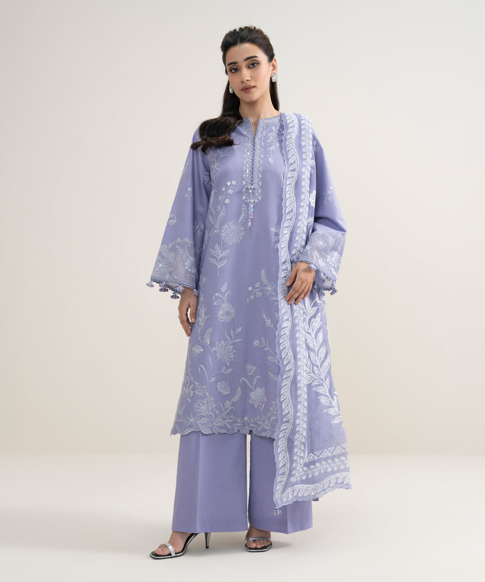 Women's Unstitched Textured Lawn Embroidered Purple 3 Piece Suit