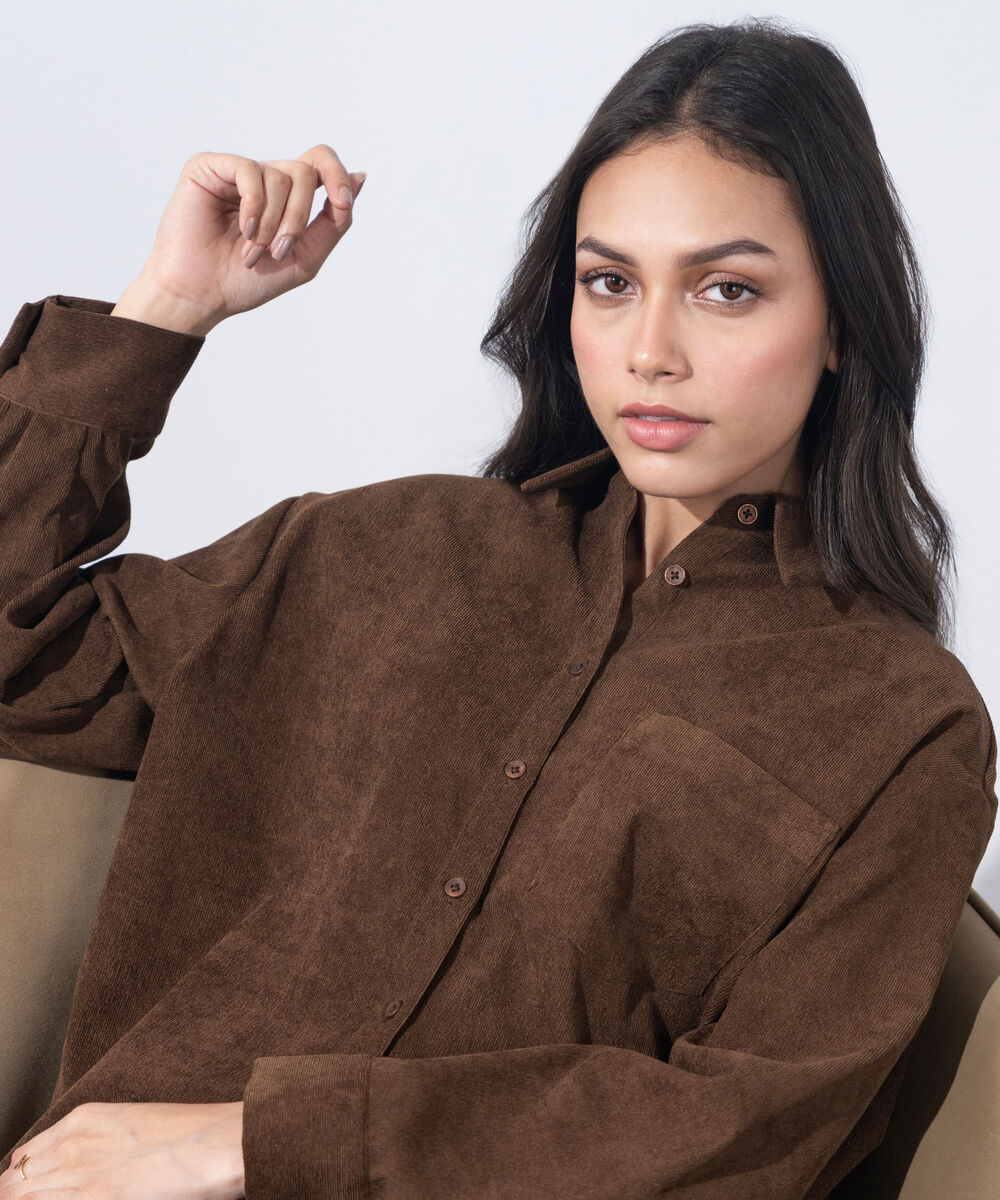 Women's Western Wear Brown Button Through Corduroy Shirt
