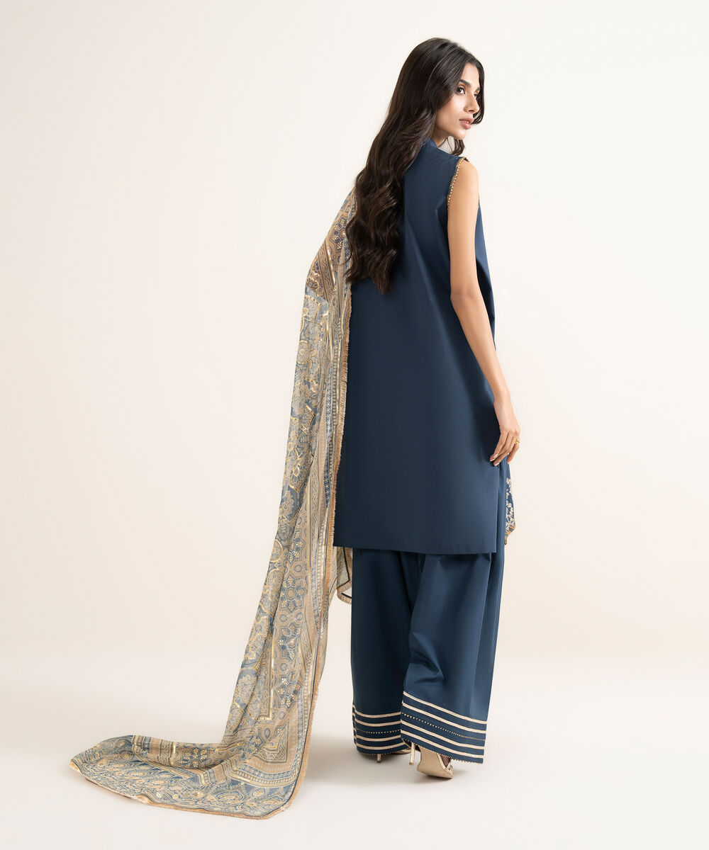 Women's Unstitched Textured Lawn Embroidered Blue 3 Piece Suit