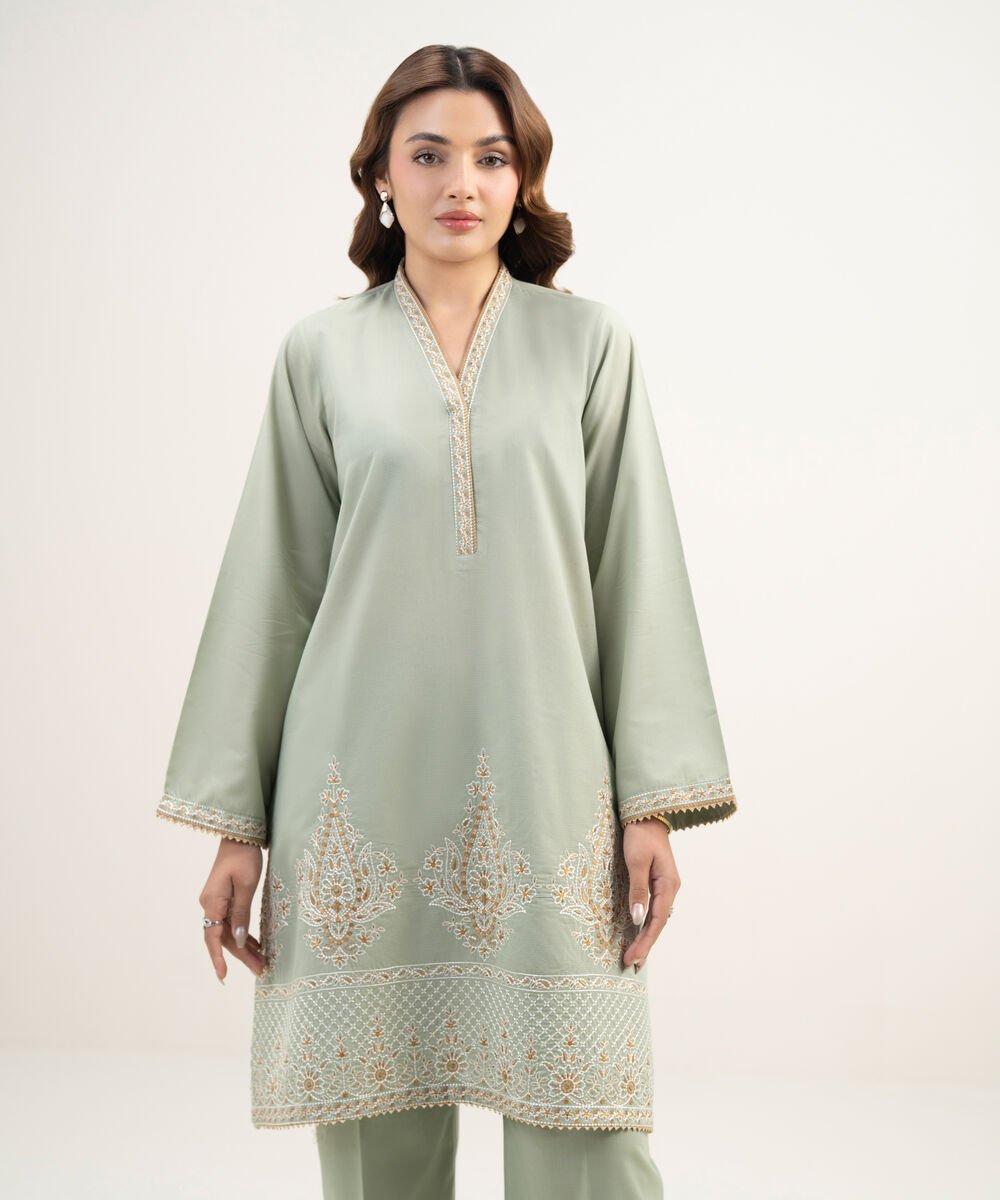 Women's RTW Zari Lawn Embroidered Green A-Line Shirt