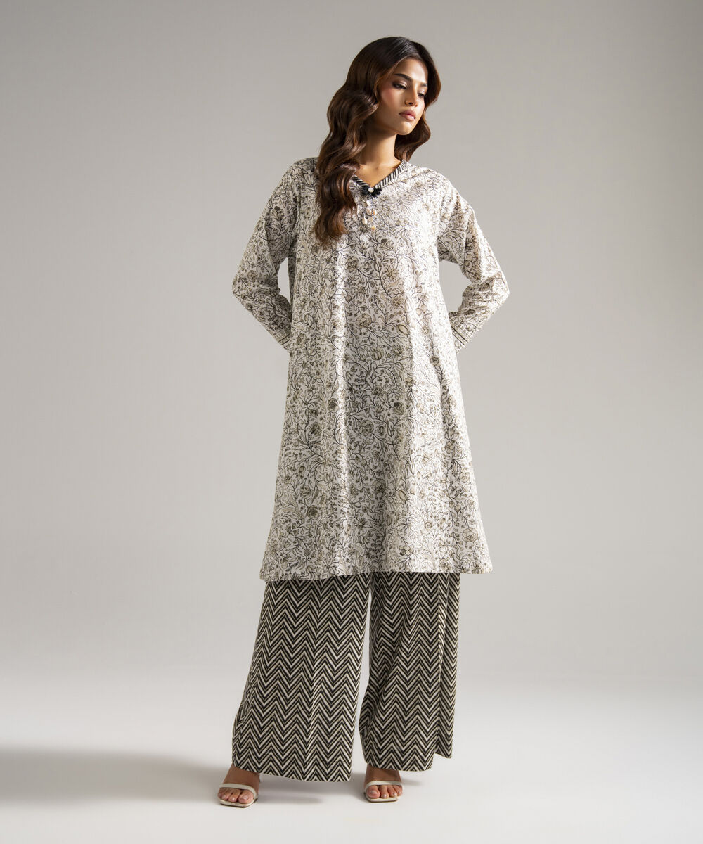 Women's RTW Lawn Printed White A-Line Shirt