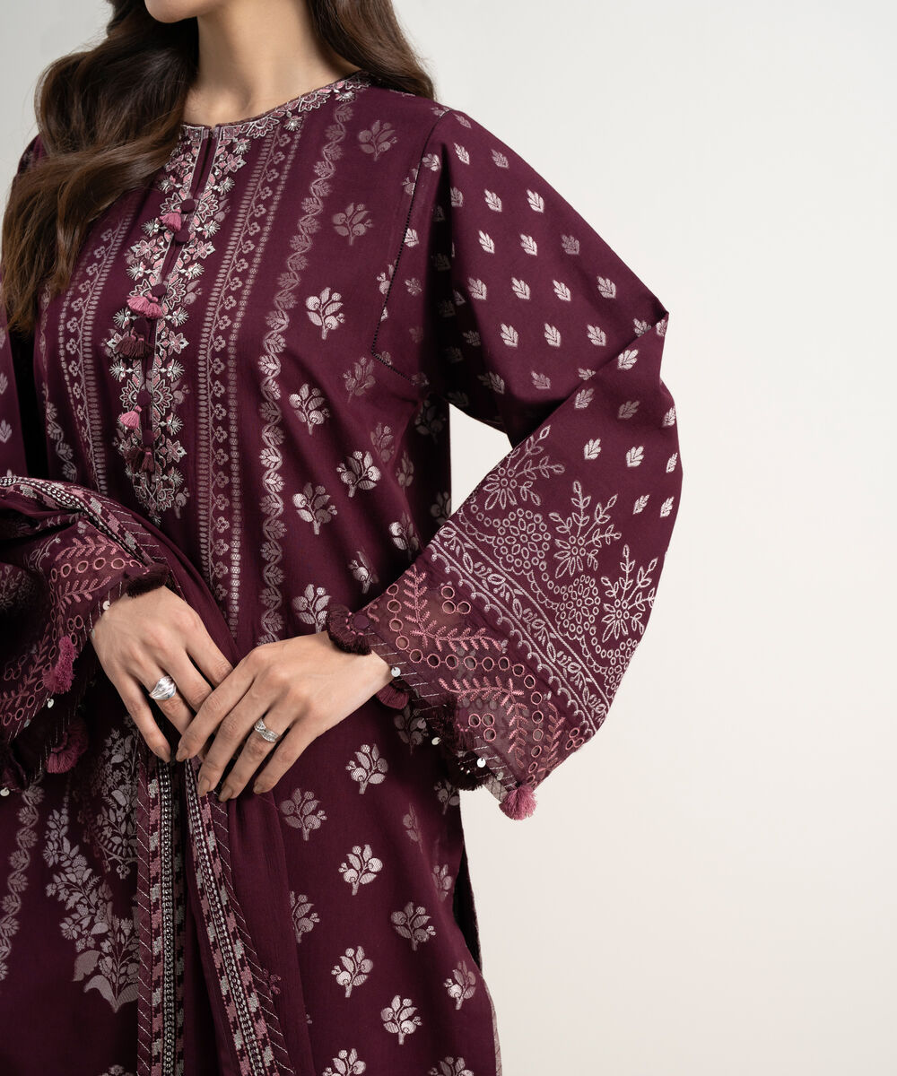 Women's Unstitched Extra Weft Jacquard Embroidered Red 3 Piece Suit