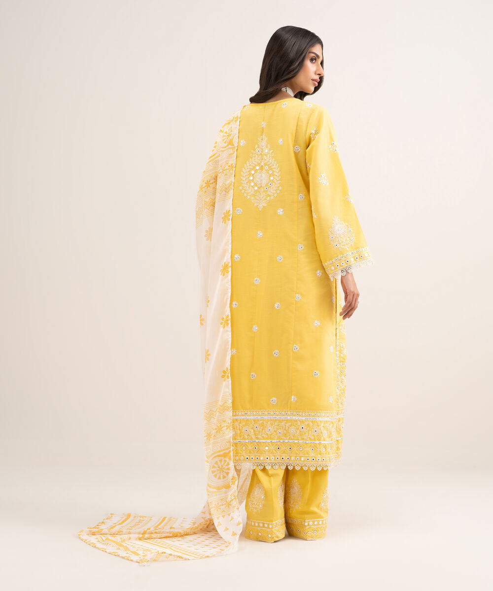 Women's RTW Zari Cotton Embroidered Yellow 3 Piece Suit