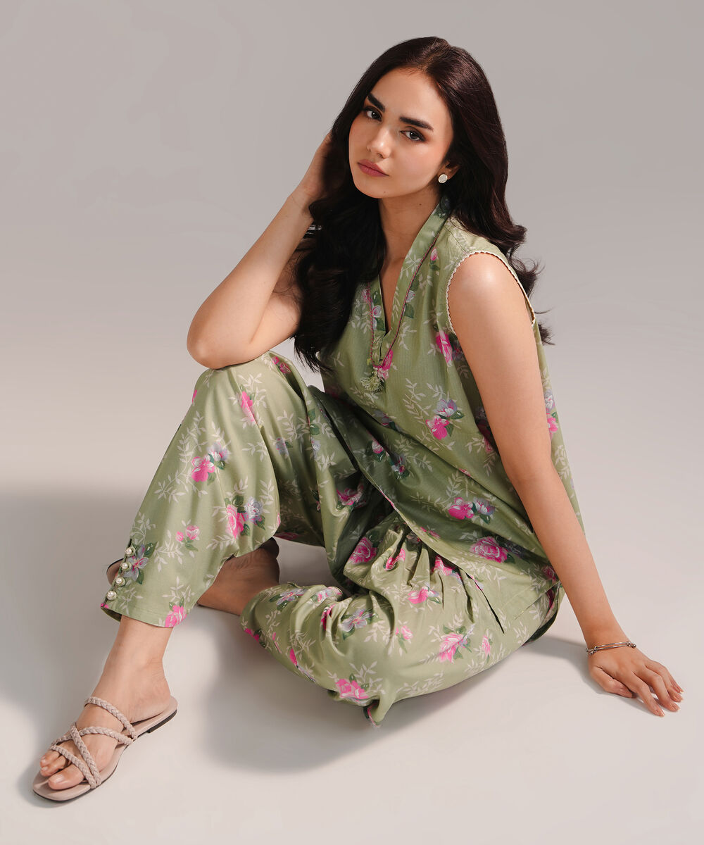 Women's RTW Cambric Printed Green 2 Piece Suit