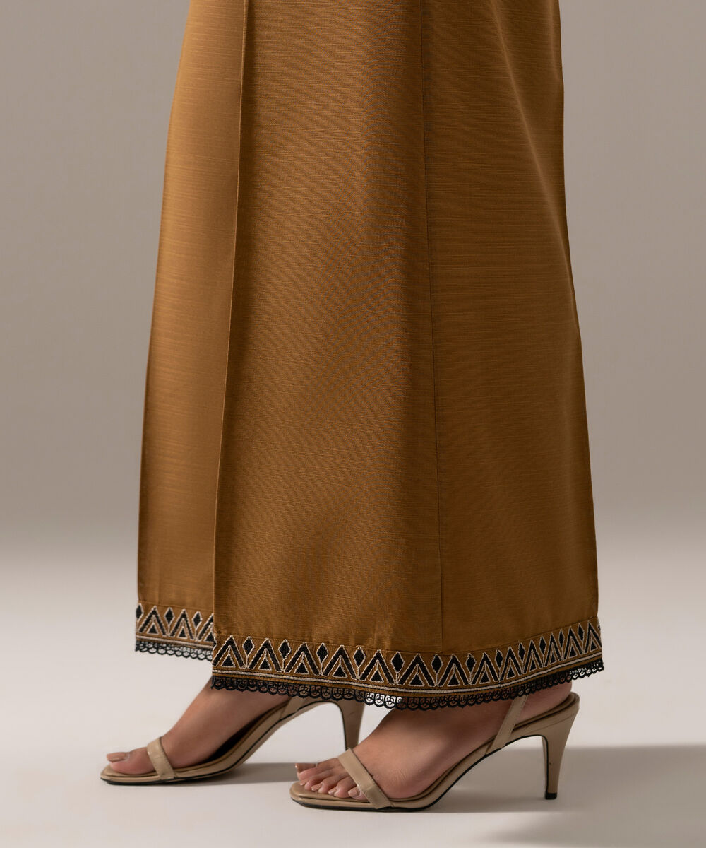 Women's RTW Khaddar Solid Mustard Brown Flared Pants