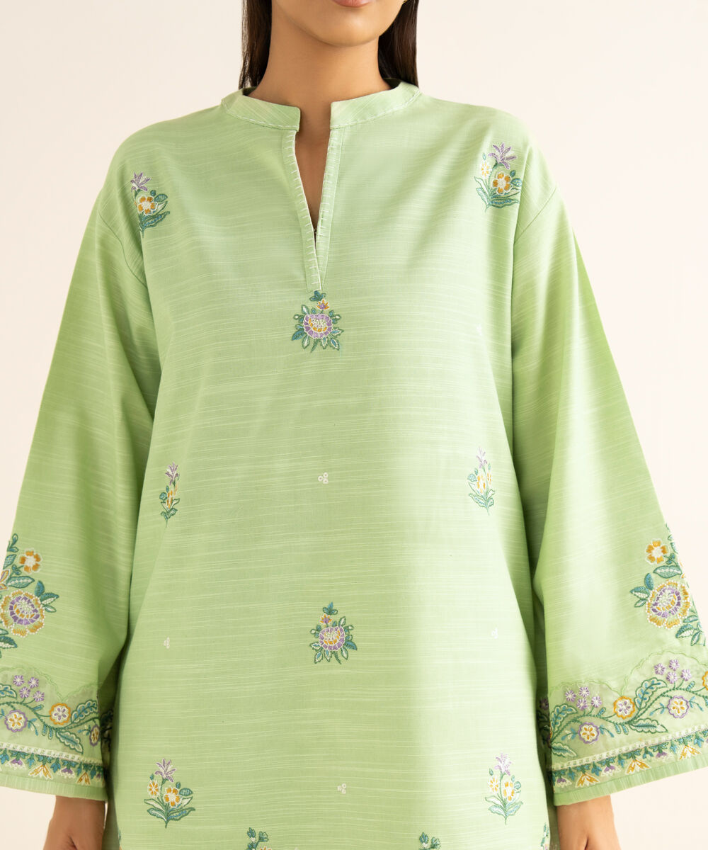Women's Unstitched Cotton Embroidered Green 3 Piece Suit