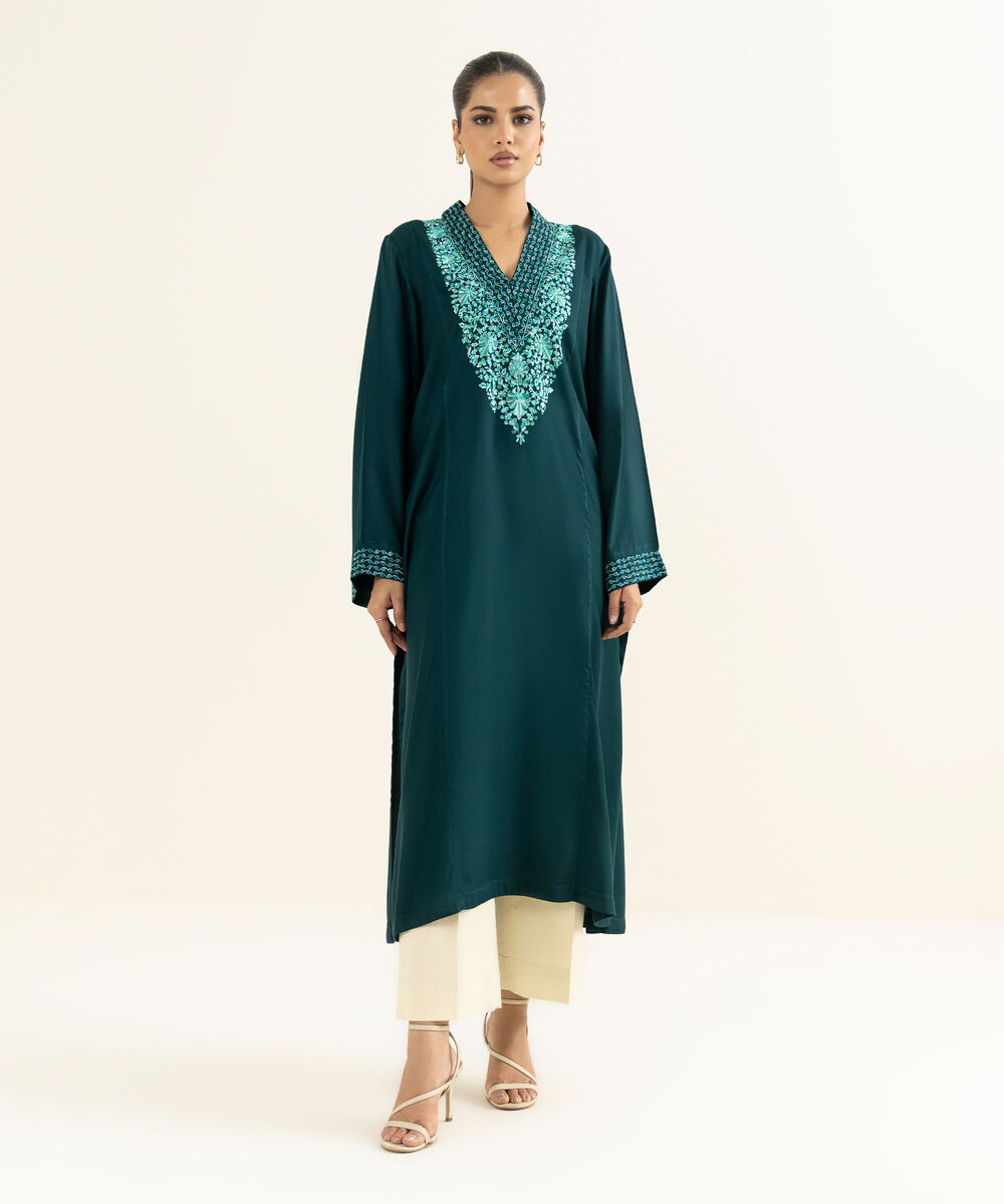 Women's RTW Bedford  Embroidered Green A-Line Shirt