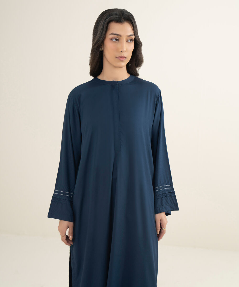 Women's RTW Arabic Lawn Solid Blue Straight Shirt