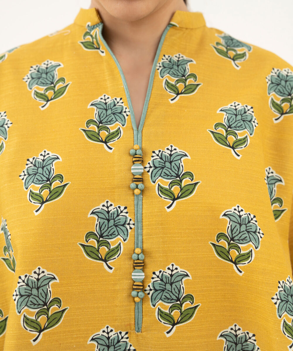 Women's Unstitched Printed Khaddar Mustard 3 Piece Suit