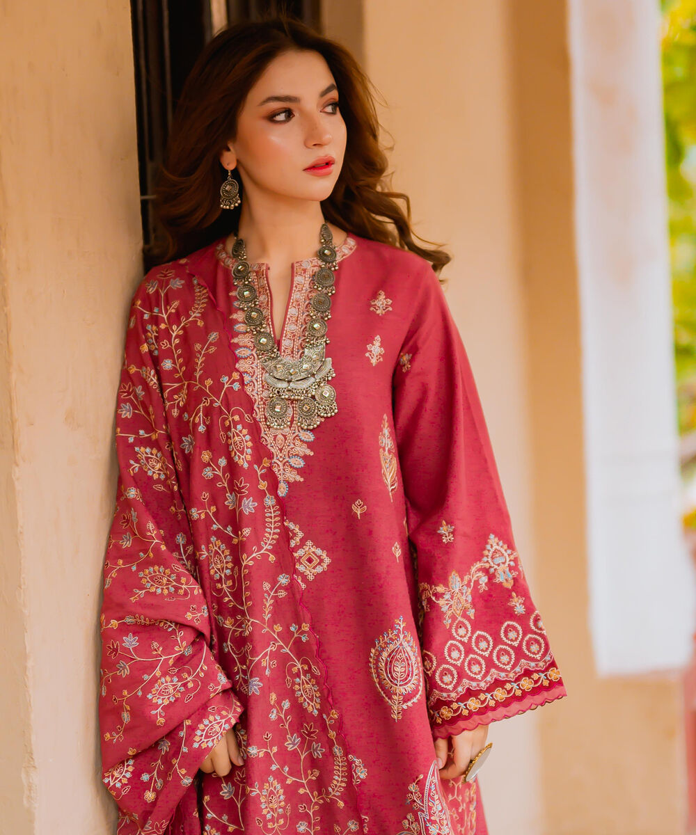 Women's Unstitched Viscose Karandi Embroidered Pink 3 Piece Suit
