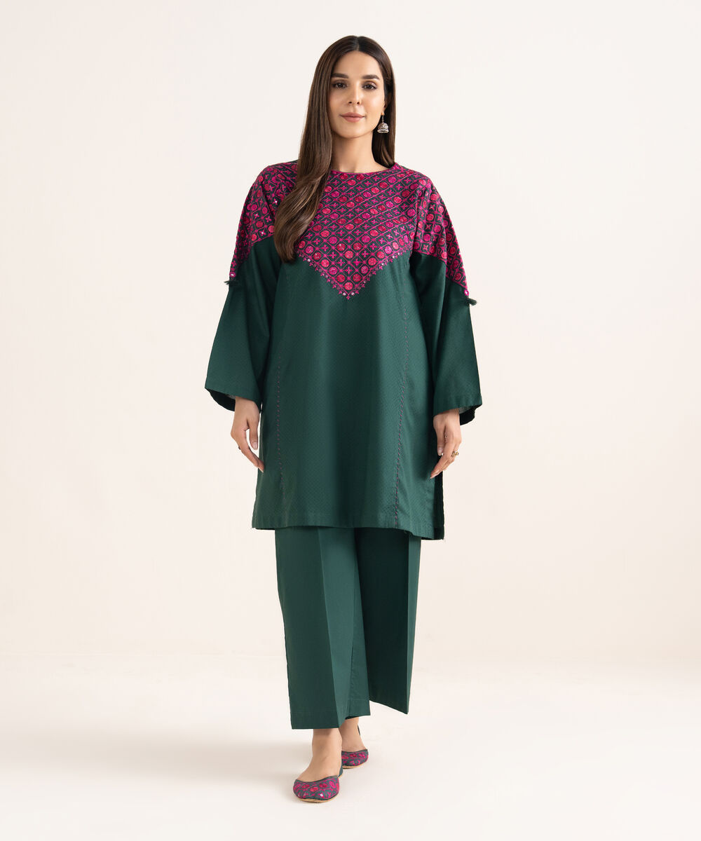 Women's RTW Textured Cotton Green Embroidered A-Line Shirt