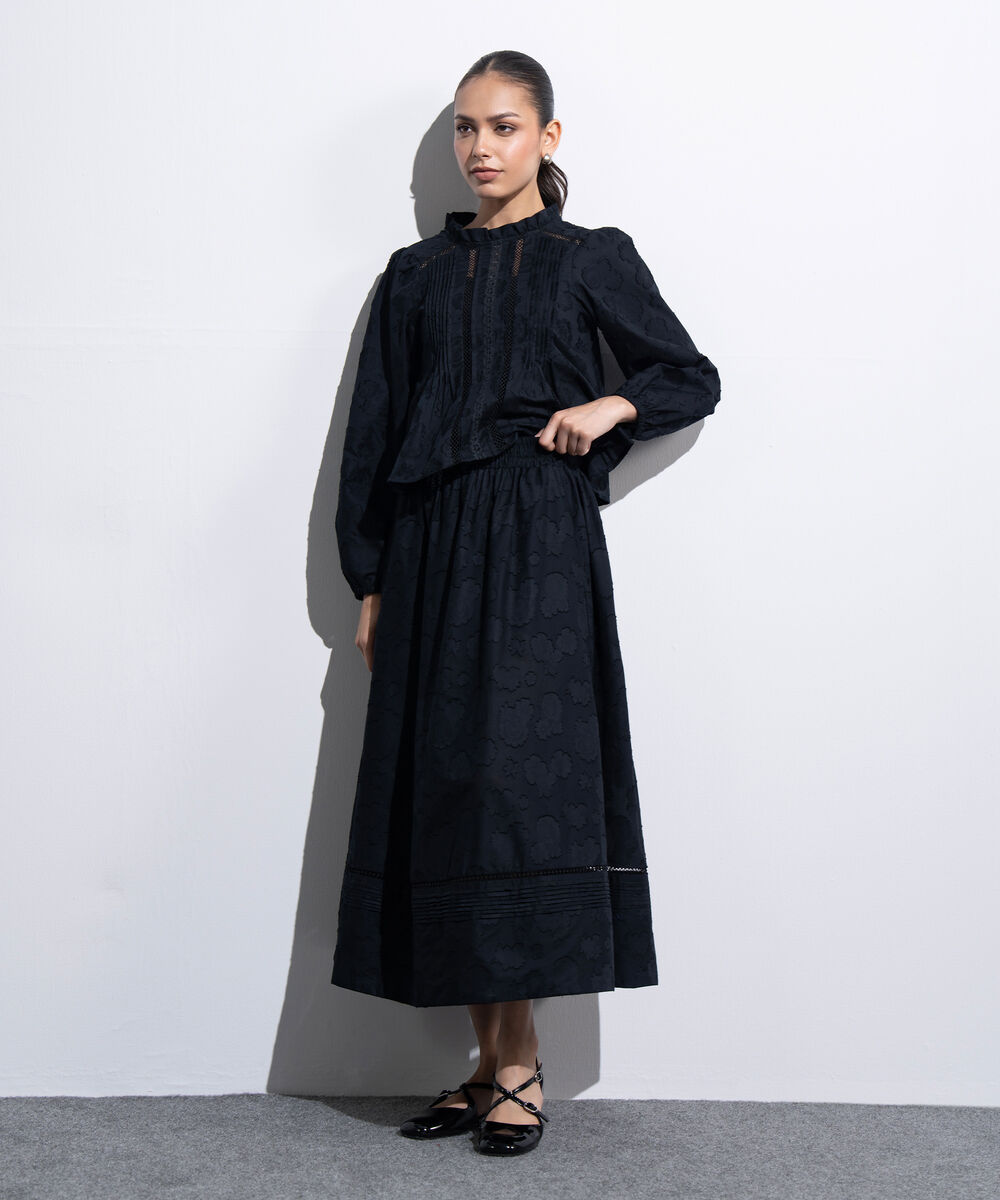 Women's Western Black Flared Skirt With Panels Details